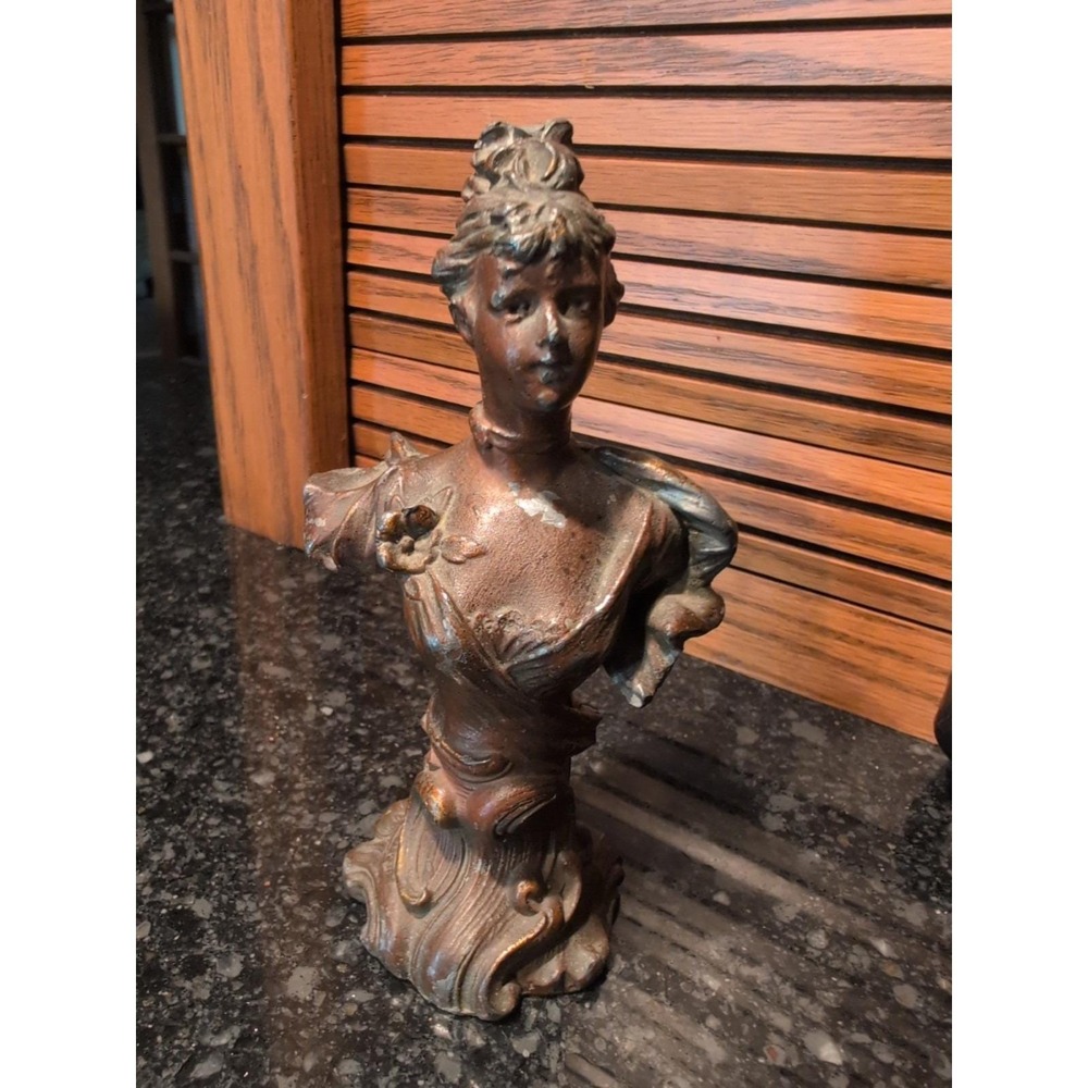 Vtg. Art Nouveau Style Young Lady Bust Bronze Tone 5.5" Heavy Schreiner Signed